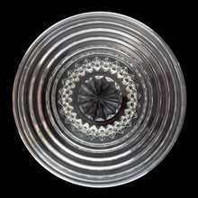 Load image into Gallery viewer, Overhead view of vintage Anchor Hocking Manhattan clear glass relish insert, showing rayed bottom pattern, 1938–1943