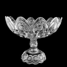 Load image into Gallery viewer, Vintage clear Moon and Star pedestal compote bowl featuring a deep scalloped rim. Crafted by LG Wright Glass, 1930s. Makes a wonderful centrepiece or fill with fruit.
In excellent condition. No chips. A few miniscule flea bites at the bottom rim...possibly from rough mold release during manufacturing, along with typical bubbles and stringers.
Measures 10 1/2 x 8 1/4 inches