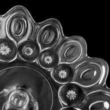 Load image into Gallery viewer, Vintage clear Moon and Star pedestal compote bowl featuring a deep scalloped rim. Crafted by LG Wright Glass, 1930s. Makes a wonderful centrepiece or fill with fruit.
In excellent condition. No chips. A few miniscule flea bites at the bottom rim...possibly from rough mold release during manufacturing, along with typical bubbles and stringers.
Measures 10 1/2 x 8 1/4 inches