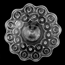 Load image into Gallery viewer, Vintage clear Moon and Star pedestal compote bowl featuring a deep scalloped rim. Crafted by LG Wright Glass, 1930s. Makes a wonderful centrepiece or fill with fruit.
In excellent condition. No chips. A few miniscule flea bites at the bottom rim...possibly from rough mold release during manufacturing, along with typical bubbles and stringers.
Measures 10 1/2 x 8 1/4 inches