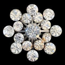 Load image into Gallery viewer, Vintage clear rhinestone starburst cluster brooch, large central faceted stone with prong-set round rhinestones, front view