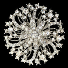 Load image into Gallery viewer, Vintage clear rhinestone starburst brooch, silver-tone openwork swirl design, front view, 1950s 60s costume jewellery