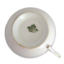 Load image into Gallery viewer, Vintage Bone China teacup and saucer with scalloped edge features a hand painted cobalt blue and pale yellow banded interior on a white ground, lavishly decorated with gold gilt filigree, complemented by pink cabbage roses at the bottom of the cup and centre of the saucer. Aynsley, England. 1930s. In excellent condition. Maker's mark with decorator's hand painted C553 Teacup measures 4 x 2 1/4 inches Saucer measures 5 5/8 inches