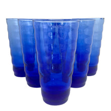 Load image into Gallery viewer, Full set of six cobalt blue Cameron cooler tumblers standing upright in a pyramid formation, deep jewel-blue colour on white
