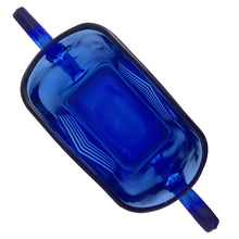 Load image into Gallery viewer, Classic vintage cobalt blue "Chevron" pressed glass sugar. Produced by Hazel-Atlas Glass, USA, circa 1930s. Made in two sizes, this is the smaller version. A stunning example of art deco design for your kitchen and table! In excellent condition, free from chips or cracks. Measures 5 1/2 x 2 x 3 inches (incl. handle) 