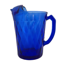 Load image into Gallery viewer, Vintage cobalt blue "Diamond Optic" glass beverage pitcher. Crafted by Hazel-Atlas Glass, USA, circa 1930s. A great addition to your bar and glassware collection! In excellent condition, free from chips. Marked on the bottom. Measures 5 1/2 x 8 inches Capacity 54 ounces
