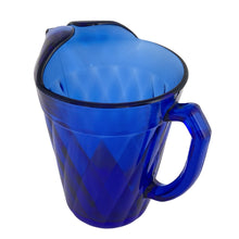 Load image into Gallery viewer, Vintage cobalt blue "Diamond Optic" glass beverage pitcher. Crafted by Hazel-Atlas Glass, USA, circa 1930s. A great addition to your bar and glassware collection! In excellent condition, free from chips. Marked on the bottom. Measures 5 1/2 x 8 inches Capacity 54 ounces