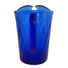 Load image into Gallery viewer, Vintage cobalt blue "Diamond Optic" glass beverage pitcher. Crafted by Hazel-Atlas Glass, USA, circa 1930s. A great addition to your bar and glassware collection! In excellent condition, free from chips. Marked on the bottom. Measures 5 1/2 x 8 inches Capacity 54 ounces