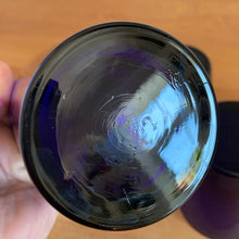Load image into Gallery viewer, Bottom view of single Libbey Glass cobalt blue Flare old fashioned tumbler, showing maker's mark "L"