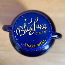Load image into Gallery viewer, Close-up of bottle cap, vintage cobalt blue Luna Café bottle, Madera Glass Co. 1998