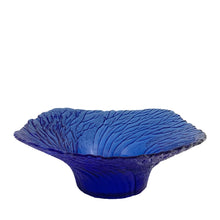 Load image into Gallery viewer, Pertti Kallioinen cobalt blue Metsä series bowl by Lasisepät Mäntsälä, 1970s Finland — full overhead view showing flared square form and branch-textured surface