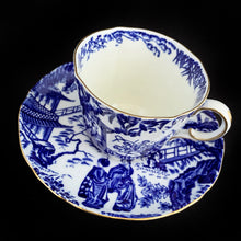Load image into Gallery viewer, Classic "Mikado" flat cup and saucer with asian themed design in cobalt blue on white bone china with gold gilt rim. Craft by Royal Crown Derby, England, circa 1940s. In excellent condition, free from chips/cracks. Teacup measures 3 x 2 3/8 inches | Saucer measures 5 1/2 inches