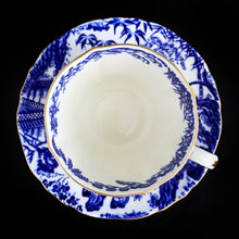 Load image into Gallery viewer, Classic "Mikado" flat cup and saucer with asian themed design in cobalt blue on white bone china with gold gilt rim. Craft by Royal Crown Derby, England, circa 1940s. In excellent condition, free from chips/cracks. Teacup measures 3 x 2 3/8 inches | Saucer measures 5 1/2 inches