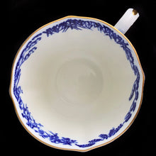 Load image into Gallery viewer, Classic "Mikado" flat cup and saucer with asian themed design in cobalt blue on white bone china with gold gilt rim. Craft by Royal Crown Derby, England, circa 1940s. In excellent condition, free from chips/cracks. Teacup measures 3 x 2 3/8 inches | Saucer measures 5 1/2 inches