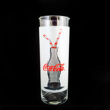 Load image into Gallery viewer, Vintage Coca-Cola Tom Collins cocktail glasses, featuring an illustrated Coke bottle with two red striped straws on a frosted band. Set of 4, Anchor Hocking, USA. Makes a great gift for the Coke collector in your life! In excellent condition, free from chips/wear. Measures 2 1/2 x 6 3/4 inches