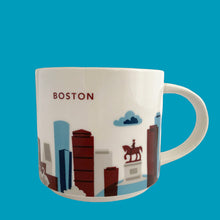 Load image into Gallery viewer, Front view of Starbucks Boston mug with burgundy Boston lettering and blue, grey and burgundy cityscape