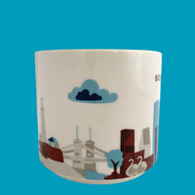 Load image into Gallery viewer, Side view of Starbucks Boston mug showing an illustrated bridge, swans, tree and blue clouds