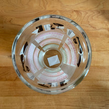 Load image into Gallery viewer, Mid-century vintage glass cocktail shaker with 12 drink recipes, colourful red, orange, green, topped with a border of black and white bar glass graphics and chrome lid. Produced by the Continental Can Company in the USA. A home bartender's dream...no Googling required! In excellent condition, free from chips/cracks, vibrant colours. Measures 4 x 9 inches