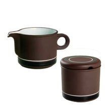Load image into Gallery viewer, These morning cuppa helpers are gorgeous! A fabulous vintage graphic "Contrast" creamer and covered sugar feature brown on deep brown with contrasting white stripe. Crafted by Hornsea, England, between 1978 - 1987. Their retro styling has stood the test of time and trends!  In excellent condition free from chips/cracks.  Creamer measures 3 5/8 x 3 inches  Covered sugar measures 3 1/4 x 3 5/8 inches