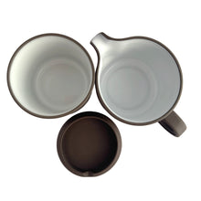 Load image into Gallery viewer, These morning cuppa helpers are gorgeous! A fabulous vintage graphic "Contrast" creamer and covered sugar feature brown on deep brown with contrasting white stripe. Crafted by Hornsea, England, between 1978 - 1987. Their retro styling has stood the test of time and trends!  In excellent condition free from chips/cracks.  Creamer measures 3 5/8 x 3 inches  Covered sugar measures 3 1/4 x 3 5/8 inches