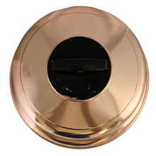 Load image into Gallery viewer, Vintage copper/rose gold toned aluminum dome cake carrier keeper featuring a black bakelite handle and an illustration in black of a sliced cake with the word "CAKE" below in a cute vintage font and locking levers to hold the dome securely to the base. The perfect vessel to store your home-baked or store bought confections! In as found vintage condition with wear to the black at the top of the dome, age-related wear. Fits up to a 10 1/2 x 5 inch cake Overall measures 14 1/2 x 8 inches