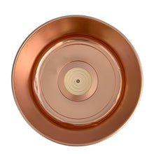 Load image into Gallery viewer, Vintage copper/rose gold toned aluminum dome cake carrier keeper featuring a black bakelite handle and an illustration in black of a sliced cake with the word "CAKE" below in a cute vintage font and locking levers to hold the dome securely to the base. The perfect vessel to store your home-baked or store bought confections! In as found vintage condition with wear to the black at the top of the dome, age-related wear. Fits up to a 10 1/2 x 5 inch cake Overall measures 14 1/2 x 8 inches