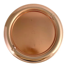 Load image into Gallery viewer, Vintage copper/rose gold toned aluminum dome cake carrier keeper featuring a black bakelite handle and an illustration in black of a sliced cake with the word "CAKE" below in a cute vintage font and locking levers to hold the dome securely to the base. The perfect vessel to store your home-baked or store bought confections! In as found vintage condition with wear to the black at the top of the dome, age-related wear. Fits up to a 10 1/2 x 5 inch cake Overall measures 14 1/2 x 8 inches