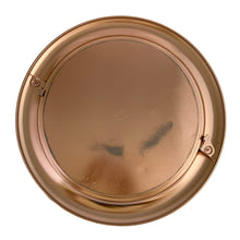 Load image into Gallery viewer, Vintage copper/rose gold toned aluminum dome cake carrier keeper featuring a black bakelite handle and an illustration in black of a sliced cake with the word "CAKE" below in a cute vintage font and locking levers to hold the dome securely to the base. The perfect vessel to store your home-baked or store bought confections! In as found vintage condition with wear to the black at the top of the dome, age-related wear. Fits up to a 10 1/2 x 5 inch cake Overall measures 14 1/2 x 8 inches