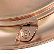 Load image into Gallery viewer, Vintage copper/rose gold toned aluminum dome cake carrier keeper featuring a black bakelite handle and an illustration in black of a sliced cake with the word "CAKE" below in a cute vintage font and locking levers to hold the dome securely to the base. The perfect vessel to store your home-baked or store bought confections! In as found vintage condition with wear to the black at the top of the dome, age-related wear. Fits up to a 10 1/2 x 5 inch cake Overall measures 14 1/2 x 8 inches
