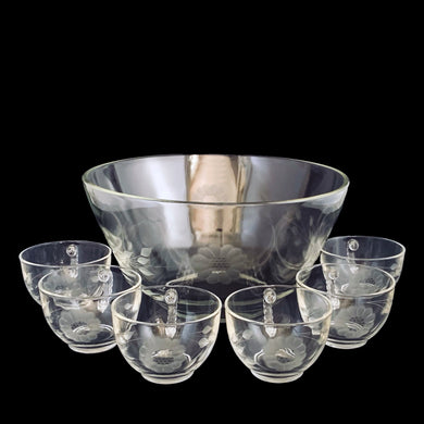 Vintage mid-century clear glass punch bowl and six cups, cut with WJ Hughes 