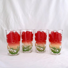 Load image into Gallery viewer, A delightful set of four highly collectible vintage Swanky Swig promotional glass tumblers featuring the tri-colour red yellow green "Cosmos" pattern. Crafted by Federal Glass, USA, between 1940-1949. These colourful and vibrant glasses are sure to liven up your tablescape! In excellent condition, free from chips/wear. Marked on the bottom. Measures 2 7/8 x 4 3/4 inches Capacity 10 ounces