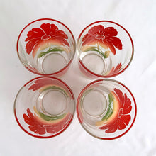 Load image into Gallery viewer, A delightful set of four highly collectible vintage Swanky Swig promotional glass tumblers featuring the tri-colour red yellow green "Cosmos" pattern. Crafted by Federal Glass, USA, between 1940-1949. These colourful and vibrant glasses are sure to liven up your tablescape! In excellent condition, free from chips/wear. Marked on the bottom. Measures 2 7/8 x 4 3/4 inches Capacity 10 ounces
