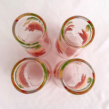 Load image into Gallery viewer, A delightful set of four highly collectible vintage Swanky Swig promotional glass tumblers featuring the tri-colour red yellow green "Cosmos" pattern. Crafted by Federal Glass, USA, between 1940-1949. These colourful and vibrant glasses are sure to liven up your tablescape! In excellent condition, free from chips/wear. Marked on the bottom. Measures 2 7/8 x 4 3/4 inches Capacity 10 ounces