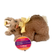Load image into Gallery viewer, Vintage stuffed animal tan light brown bunny rabbit. Washable Dralon plush material. Hand embroidered pink nose and brown mouth, brown glass eyes with black pupils, and light beige felt rear foot pads. Gold satin ribbon and round red, blue and yellow tag bearing the name Cosy Mummy. Brass button-in-ear yellow and black tag 494020 and paper tag. Steiff, Germany 1970s. This bunny rabbit sits in a seated or reclining position. In excellent condition. Measures 8 1/2 inches or 22cm