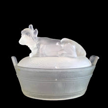 Load image into Gallery viewer, Vintage clear satin glass Cow-on-Nest dish. Crafted in Taiwan and sold by A. A. Importing of St. Louis, USA, 1970s. Use this charming dish for butter, candies, trinkets or office supplies....so versatile!
In vintage condition, no chips. Unmarked.
Measures 5 3/8 x 4 x 4 3/8 inches