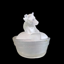Load image into Gallery viewer, Vintage clear satin glass Cow-on-Nest dish. Crafted in Taiwan and sold by A. A. Importing of St. Louis, USA, 1970s. Use this charming dish for butter, candies, trinkets or office supplies....so versatile!
In vintage condition, no chips. Unmarked.
Measures 5 3/8 x 4 x 4 3/8 inches