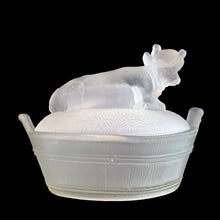 Load image into Gallery viewer, Vintage clear satin glass Cow-on-Nest dish. Crafted in Taiwan and sold by A. A. Importing of St. Louis, USA, 1970s. Use this charming dish for butter, candies, trinkets or office supplies....so versatile!
In vintage condition, no chips. Unmarked.
Measures 5 3/8 x 4 x 4 3/8 inches