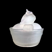 Load image into Gallery viewer, Vintage clear satin glass Cow-on-Nest dish. Crafted in Taiwan and sold by A. A. Importing of St. Louis, USA, 1970s. Use this charming dish for butter, candies, trinkets or office supplies....so versatile!
In vintage condition, no chips. Unmarked.
Measures 5 3/8 x 4 x 4 3/8 inches