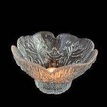 Load image into Gallery viewer, Vintage Cow Parsley clear art glass votive candle holder featuring a textured design of plant sprigs and seeds. Designed by Pertii Kallioinen for Lasisepat Mantsala, Finland, 1970s. Add a little Finnish design style to your home decor with this striking design!
In excellent condition, free from chips.
5 x 3 inches