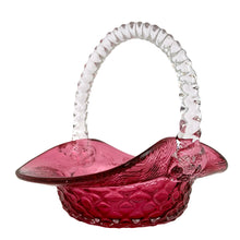 Load image into Gallery viewer, Vintage Fenton Cranberry Art Glass Basket | Diamond Quilted & Herringbone | Clear Rope Handle | USA