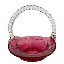 Load image into Gallery viewer, Vintage Fenton Cranberry Art Glass Basket | Diamond Quilted & Herringbone | Clear Rope Handle | USA