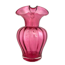Load image into Gallery viewer, Beautiful vintage hand blown optic cranberry glass pitcher with wide wavy rim and applied glass handle. Crafted by Pilgrim Glass, USA. A stunning piece of handcrafted art glass, practical and beautiful! In excellent condition, no chips. Measures 6 x 9 1/2 inches. Capacity 64 ounces
