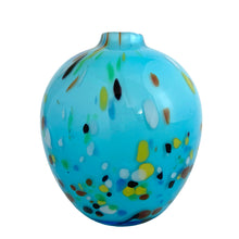 Load image into Gallery viewer, Vintage Crate & Barrel Ziggy turquoise blue art glass vase, rear view showing dense multicolour confetti speckle pattern in yellow, green, black, white, and brown on turquoise ground