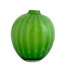 Load image into Gallery viewer, Vintage Crate & Barrel Ziggy green melon art glass vase, front view showing round globular form with vertical ribbed ridges and narrow neck opening