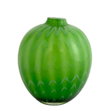 Load image into Gallery viewer, Vintage Crate & Barrel Ziggy green melon art glass vase, side view showing rounded silhouette with vertical ribbing and zigzag scalloped base detail
