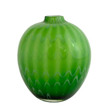 Load image into Gallery viewer, Vintage Crate & Barrel Ziggy green melon art glass vase, rear view showing full rounded form with vertical ribs, zigzag base detail, and narrow collar neck