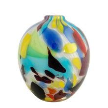 Load image into Gallery viewer, Vintage Crate & Barrel Ziggy white confetti art glass vase, front view showing round globular form with multicolour confetti speckles in blue, teal, yellow, red, green, and black on white ground
