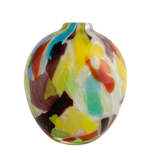 Load image into Gallery viewer, Vintage Crate & Barrel Ziggy white confetti art glass vase, side view showing rounded silhouette and narrow pinched neck opening with dense multicolour confetti speckle pattern