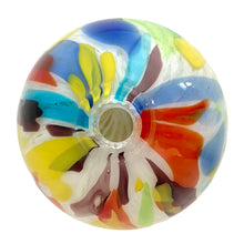 Load image into Gallery viewer, Vintage Crate & Barrel Ziggy white confetti art glass vase, overhead view looking down at the rim, into narrow neck opening showing radiating multicolour confetti pattern in blue, teal, yellow, orange, red, and burgundy