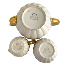 Load image into Gallery viewer, Jacks Daughter of All Trades Vintage Antique Mid-Century Kitsch Store Shop Reseller Etsy Shopify Toronto Canada Free Porch Pick Up Local Delivery Worldwide Shipping Judy Weinberg Unique Housewarming Gift Sustainable Gift Wedding Gift Home Decor Collectible Collector Gift Farmhouse Cottagecore Cottage Lodge Shabby Chic Industrial Hollywood Regency Art Deco W777 teapot creamer sugar set ribbed cream ground gold gilt flowers Gibsons England 1950s high tea service everyday use decorated quality earthenware